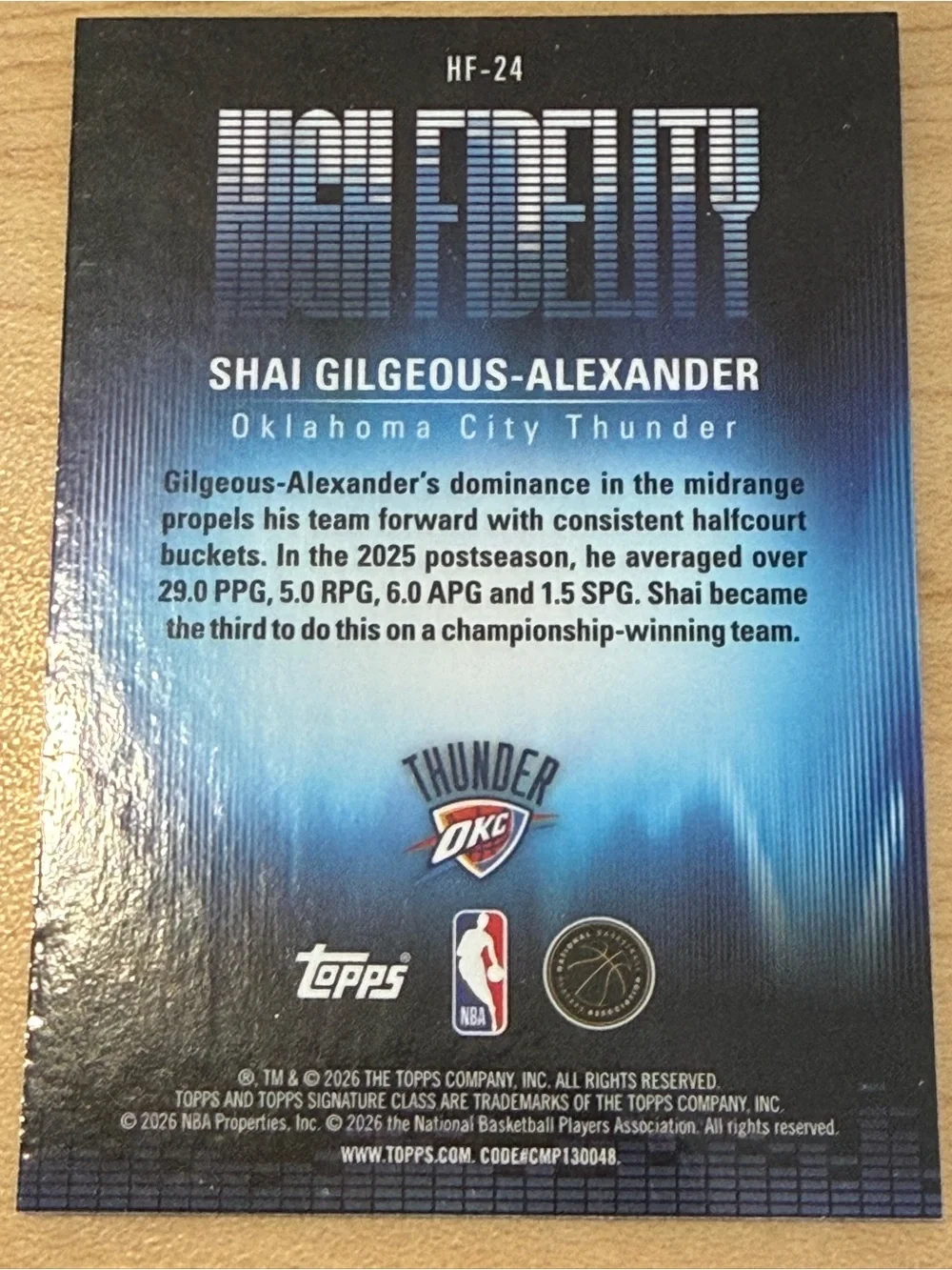 2025-2026 Topps Signature Class #HF-24 Shai Gilgeous-Alexander High Fidelity